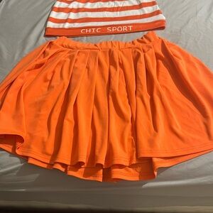 Orange Mini Skater Skirt with Pleated High-Low Design